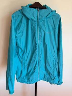 Columbia Womens XL Rain Jacket Windbreaker Teal Turquoise Blue Hooded Full Zip